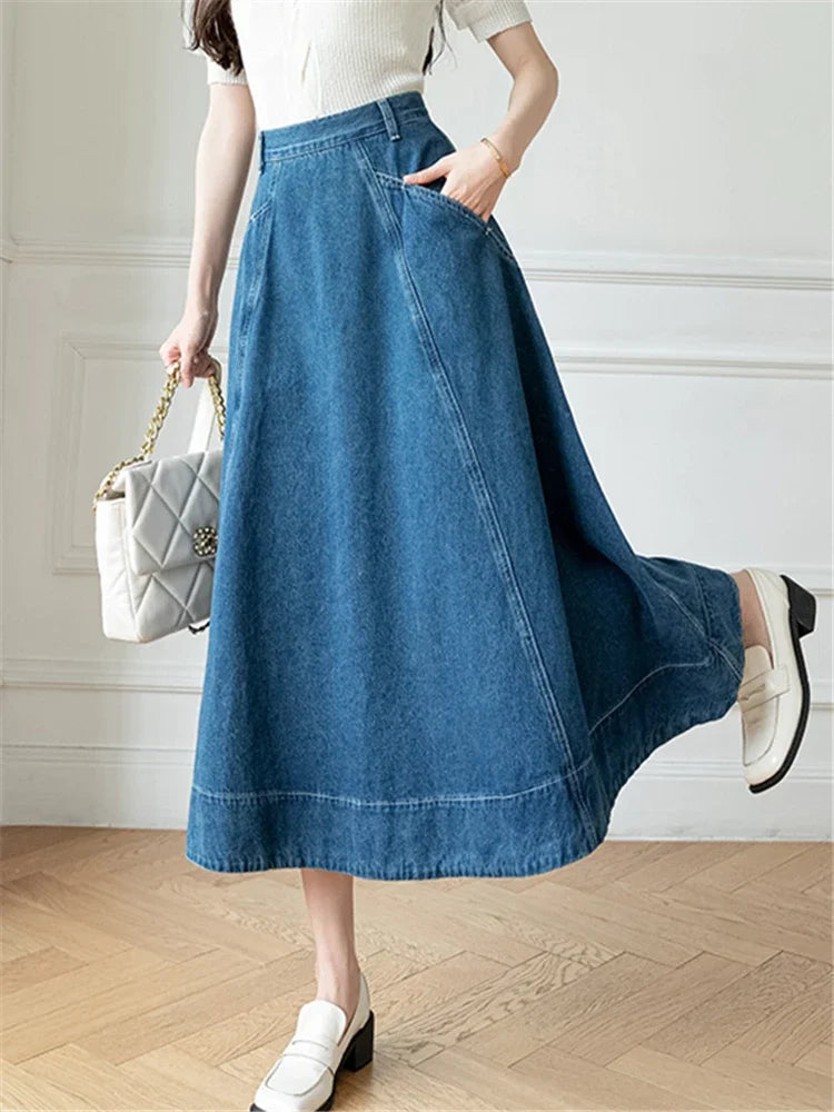 Denim Long High Waist A-line Cowboy Umbrella Skirt