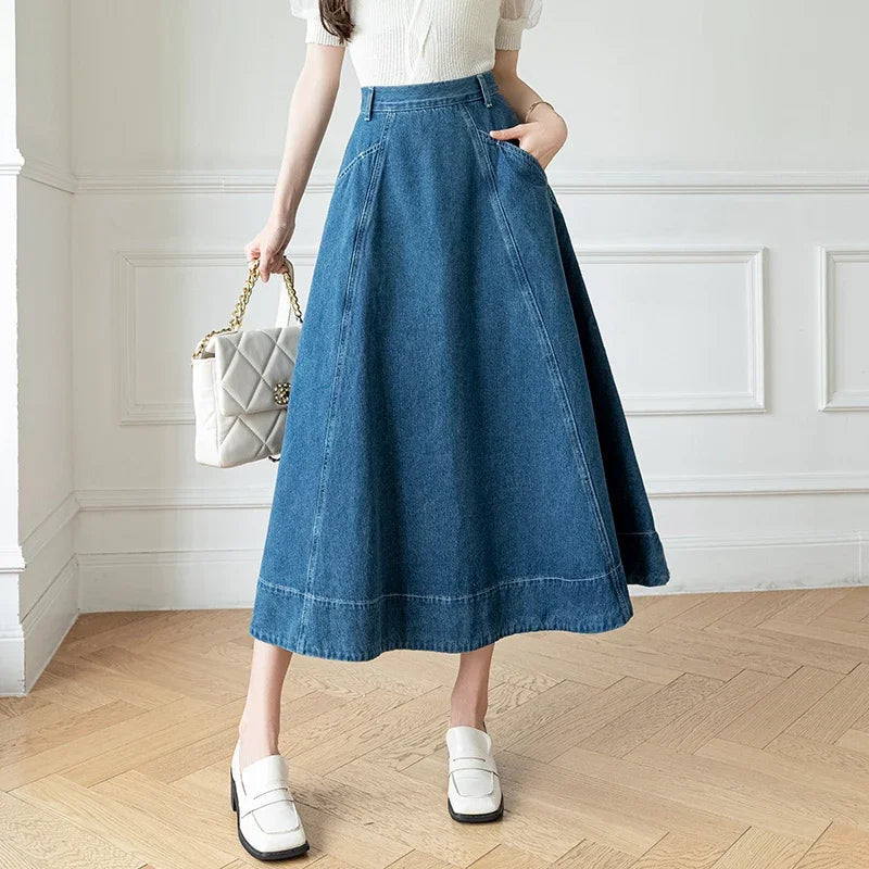 Denim Long High Waist A-line Cowboy Umbrella Skirt