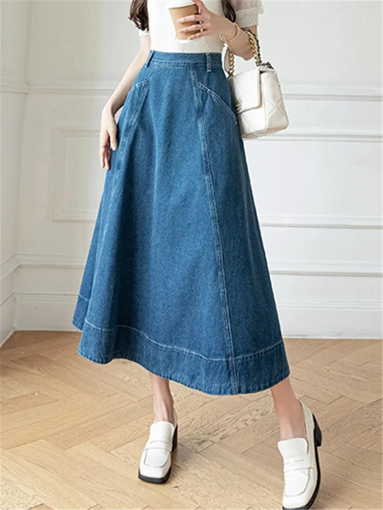 Denim Long High Waist A-line Cowboy Umbrella Skirt