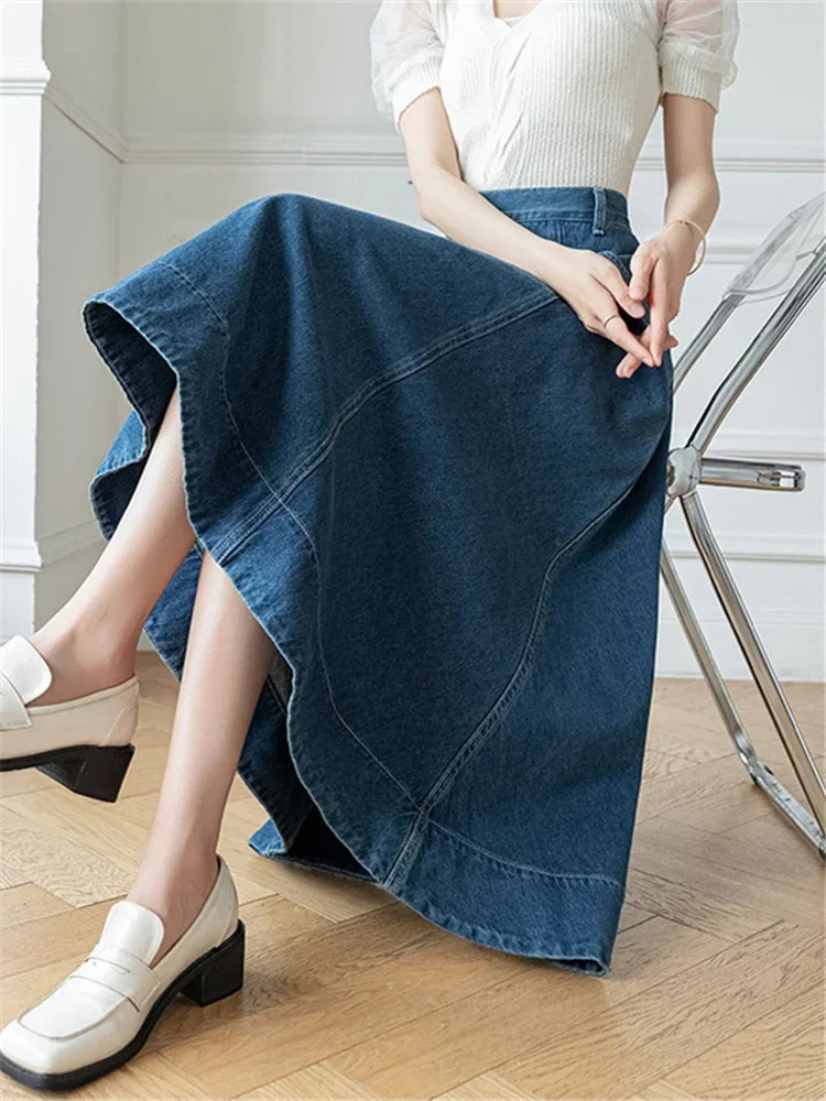 Denim Long High Waist A-line Cowboy Umbrella Skirt