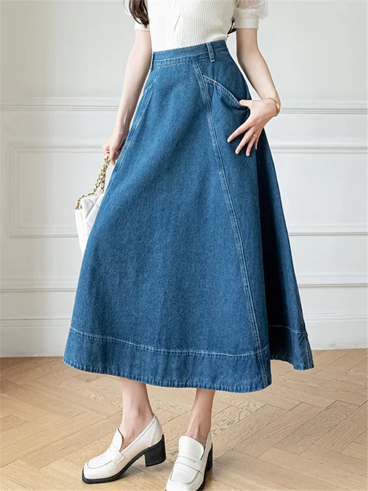 Denim Long High Waist A-line Cowboy Umbrella Skirt