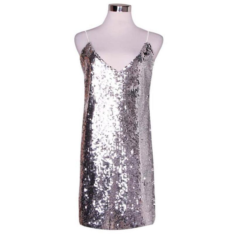 Sequin Spaghetti Strap Deep V Summer Party Mini Dress