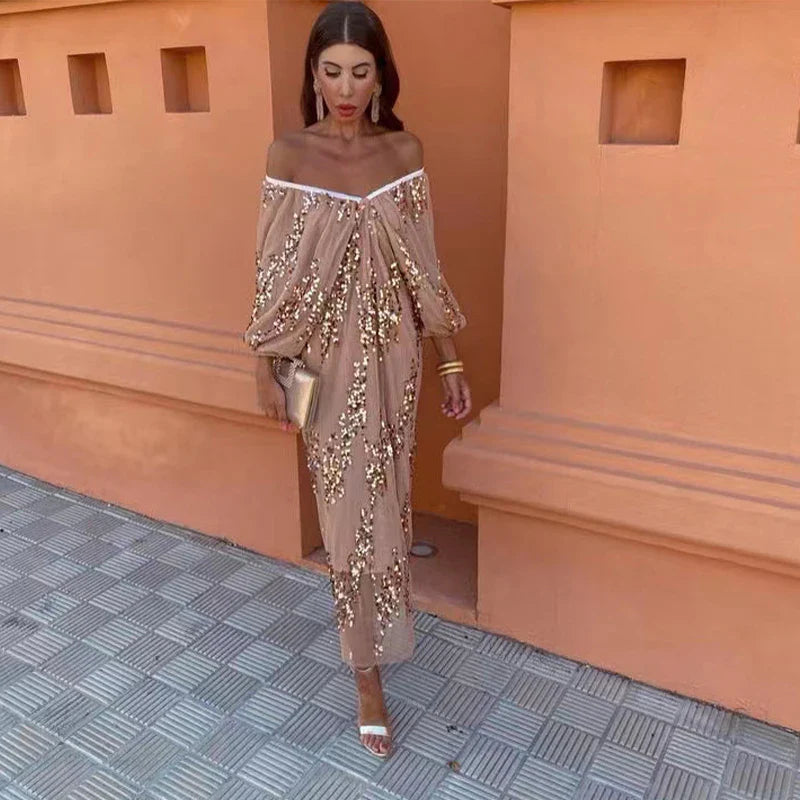 Sequin Strapless Pleated Lantern Sleeve Midi Dress