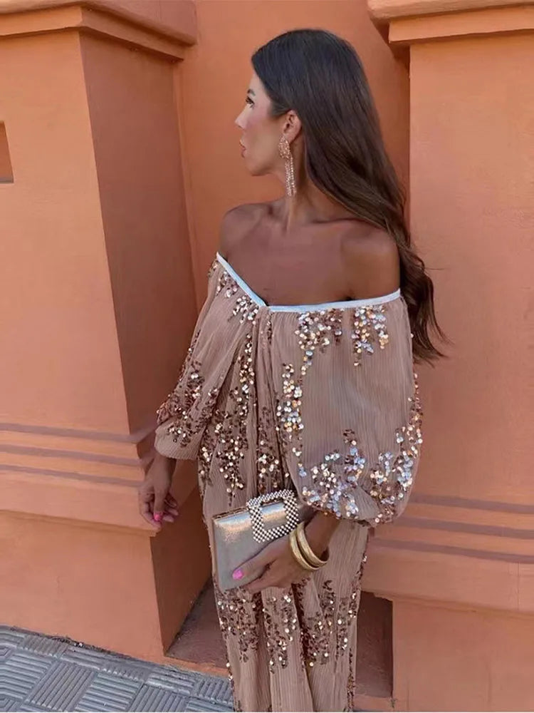 Sequin Strapless Pleated Lantern Sleeve Midi Dress