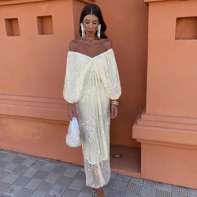 Sequin Strapless Pleated Lantern Sleeve Midi Dress