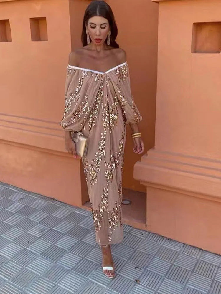 Sequin Strapless Pleated Lantern Sleeve Midi Dress