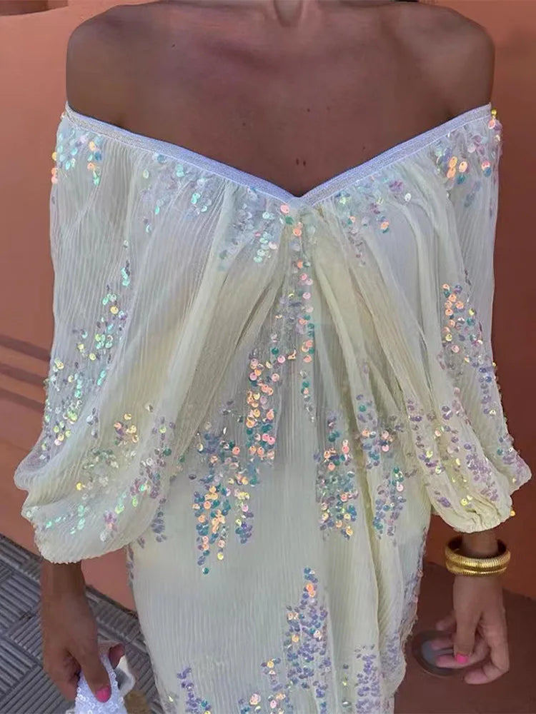Sequin Strapless Pleated Lantern Sleeve Midi Dress
