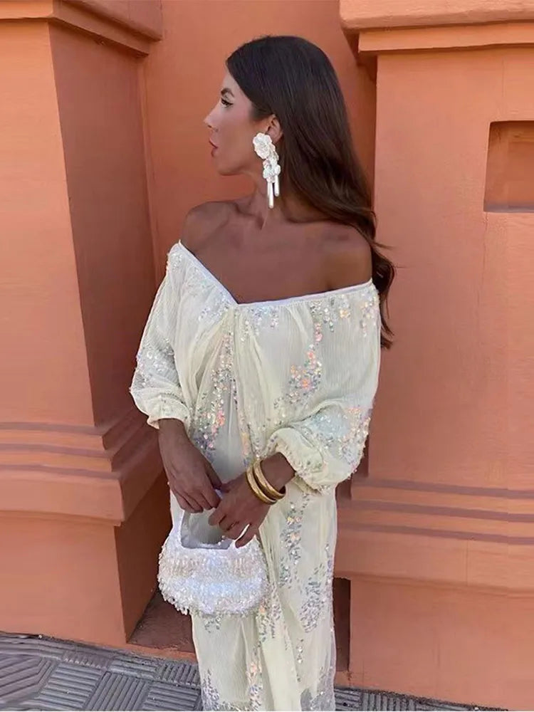 Sequin Strapless Pleated Lantern Sleeve Midi Dress