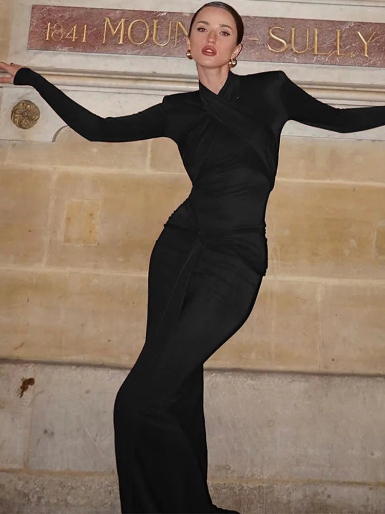 Bandage Bodycon Halter O-Neck Long Sleeve Maxi Dress