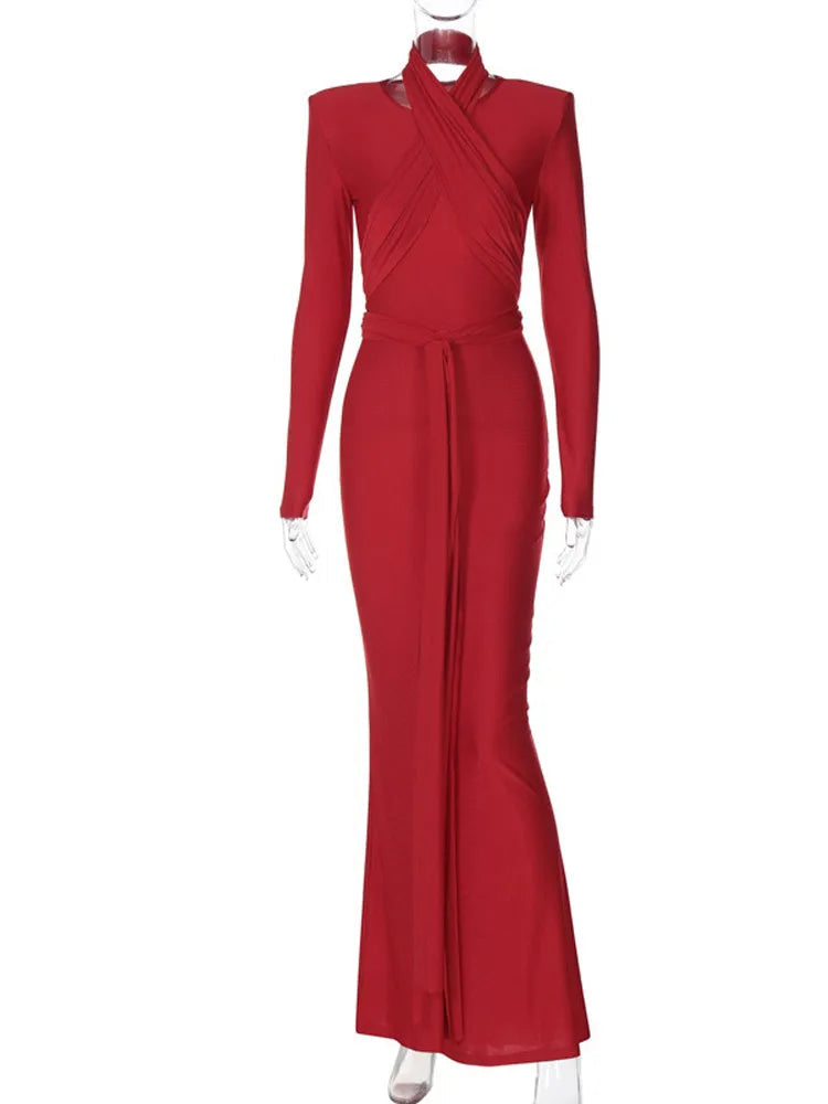 Bandage Bodycon Halter O-Neck Long Sleeve Maxi Dress