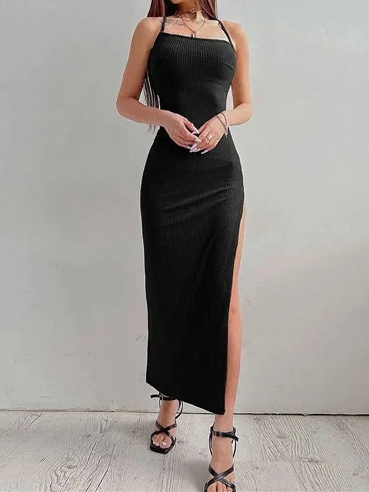 Black Halter Split Bodycon Summer Midi Dress
