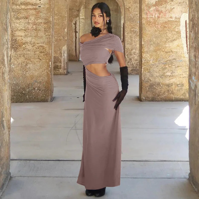 One Shoulder Short Sleeve Bodycon Stylish Maxi Dress
