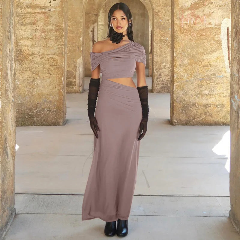 One Shoulder Short Sleeve Bodycon Stylish Maxi Dress