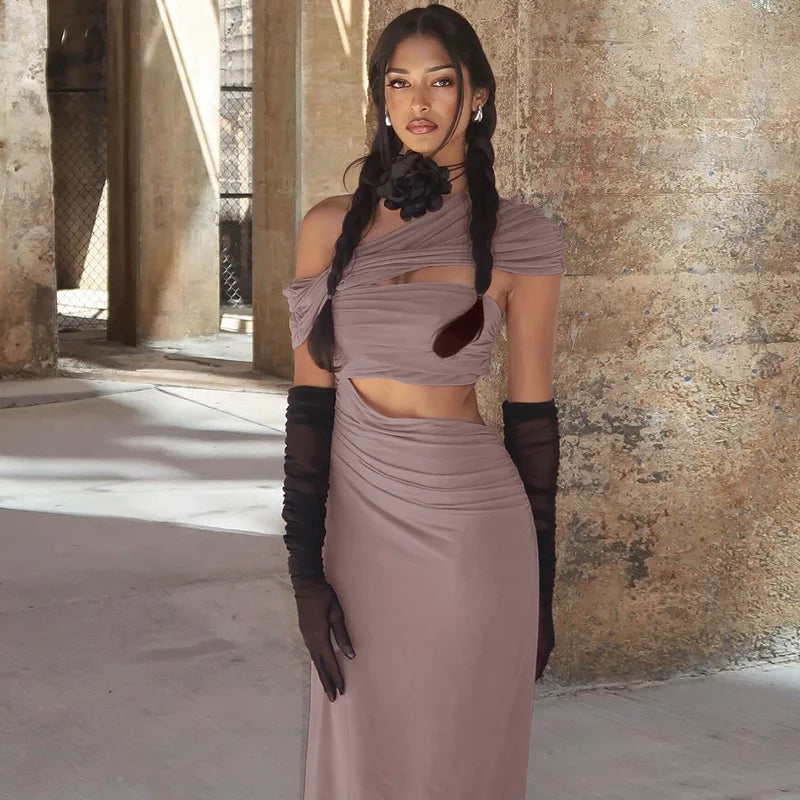 One Shoulder Short Sleeve Bodycon Stylish Maxi Dress