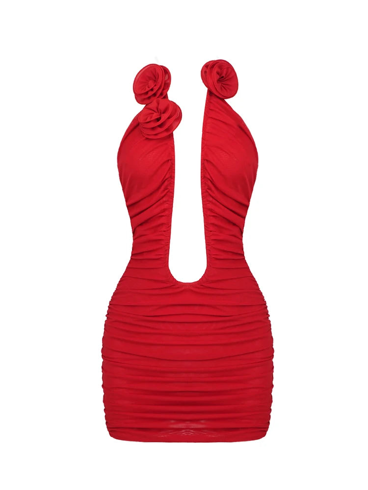 Deep V Neck 3D Flower Strapless Pleated Party Dress