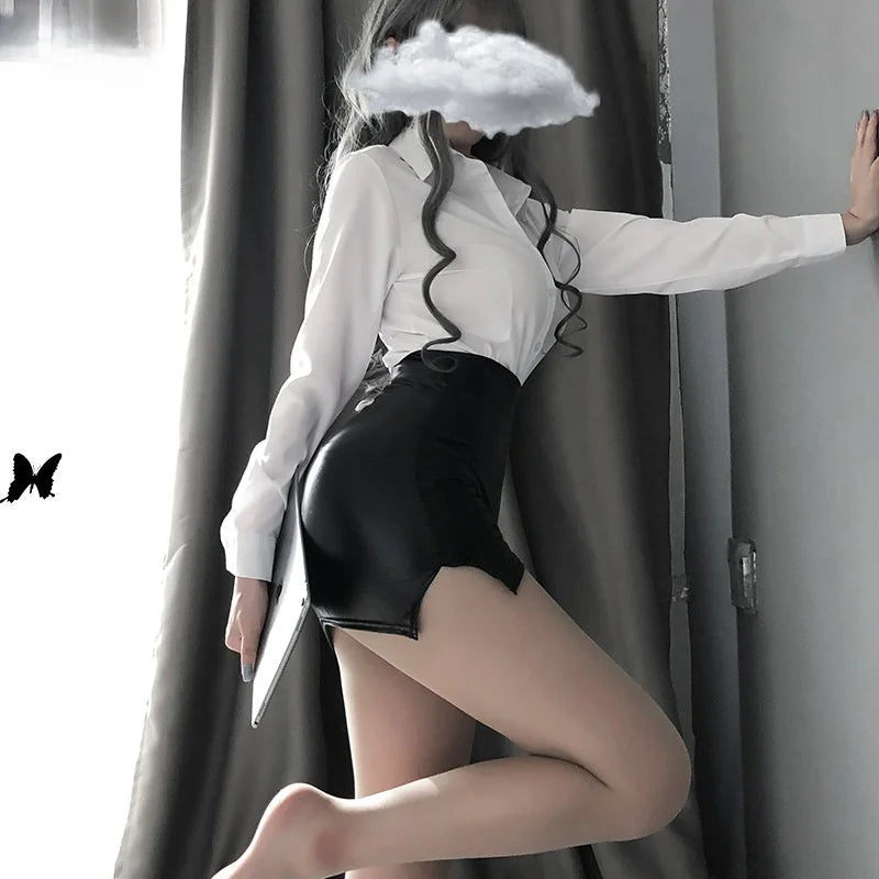 High Waist Leather Split Wrap Mini Skirt