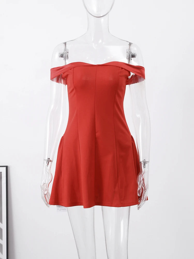Off Shoulder Backless Pleated Red Party Dress