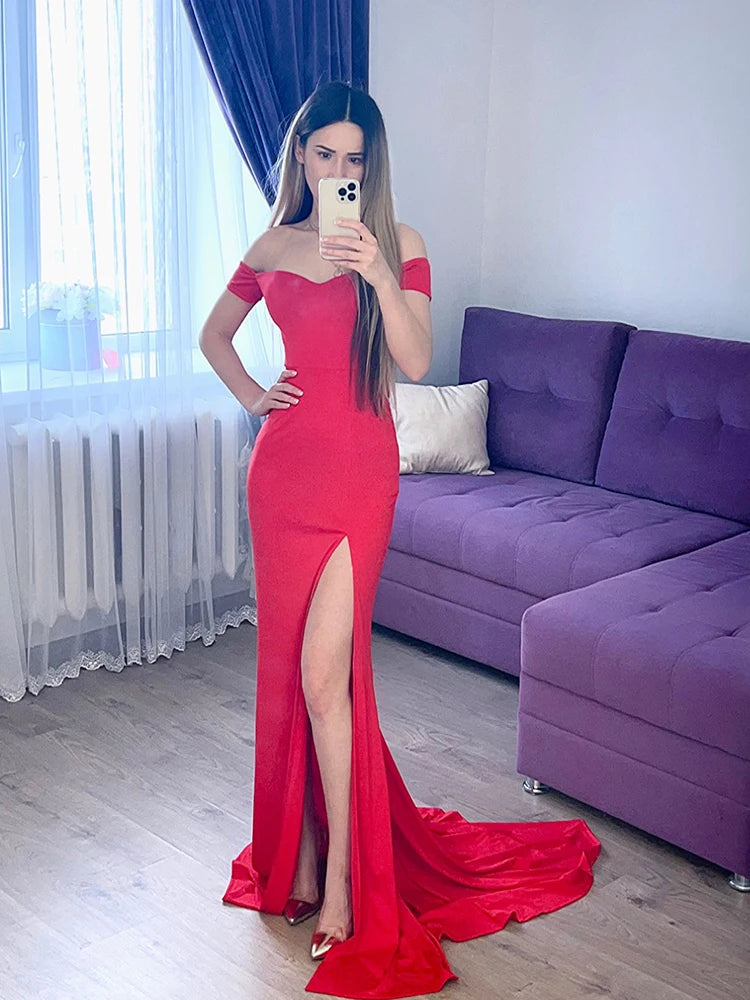 Off Shoulder Mermaid Split Red Party Dress