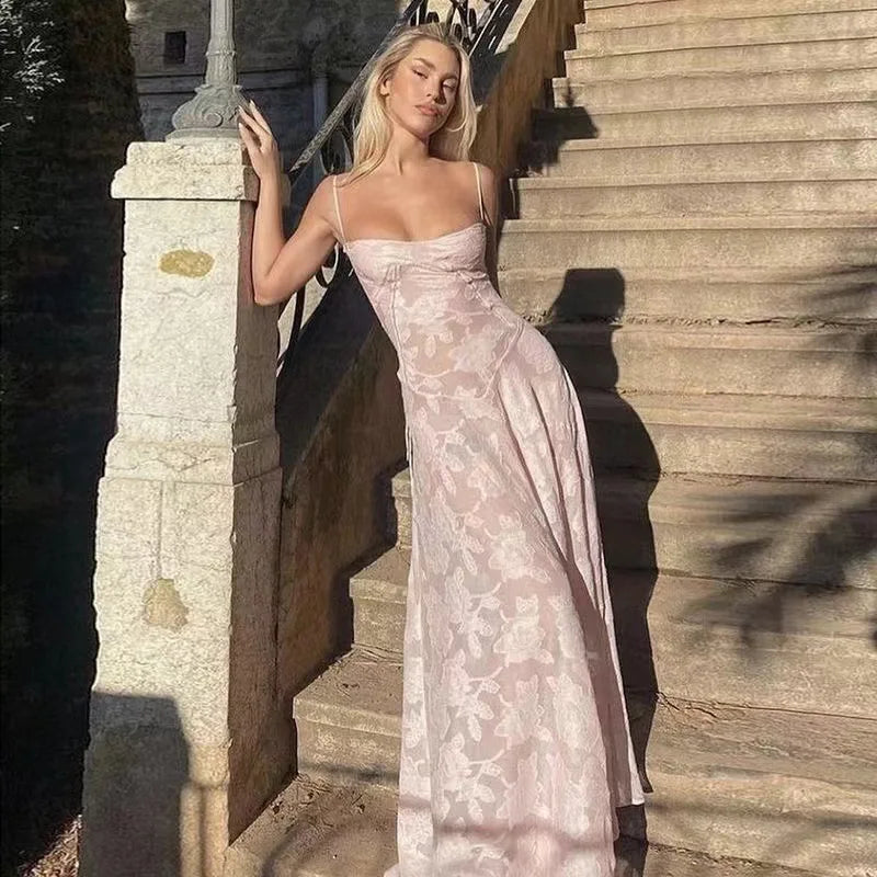 Print Wrap Waist Sling Slash Neck Backless Maxi Dress