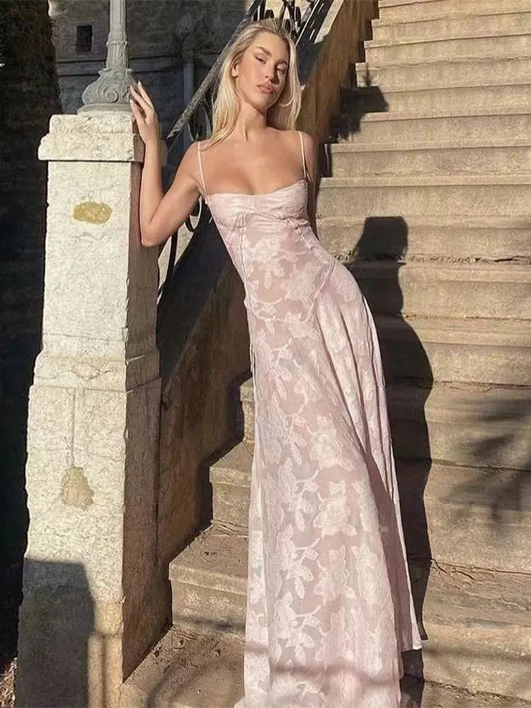 Print Wrap Waist Sling Slash Neck Backless Maxi Dress