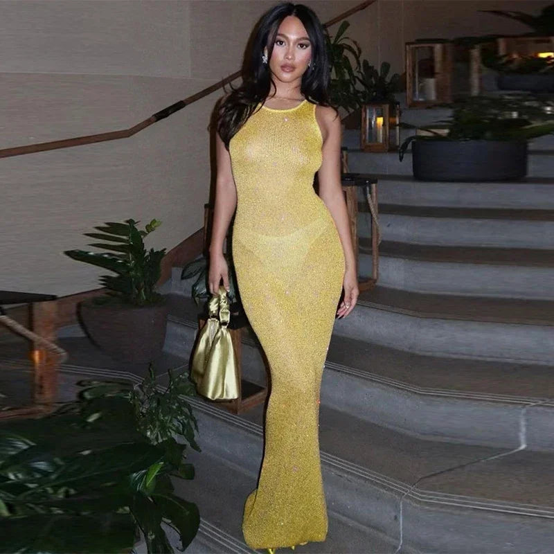 Sequin U Neck Sleeveless Slim Summer Maxi Dress