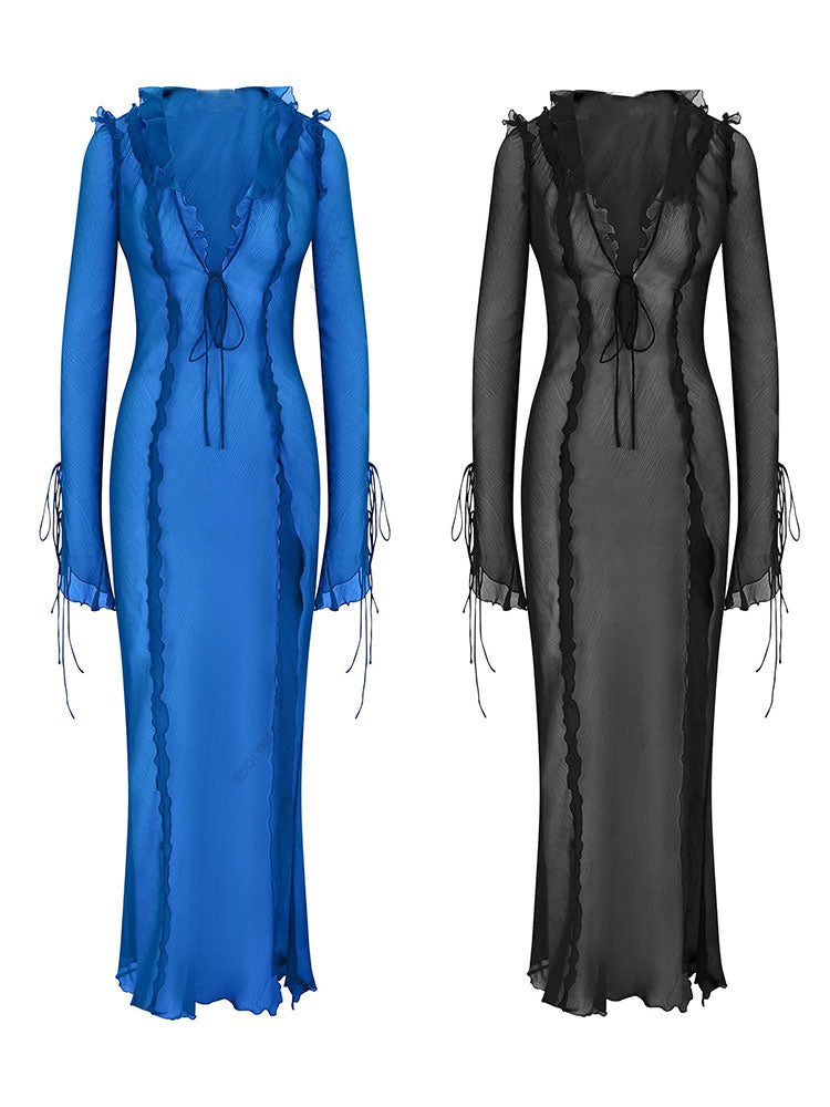 V-Neck Sheer Ruffled Drawstring Maxi Dress