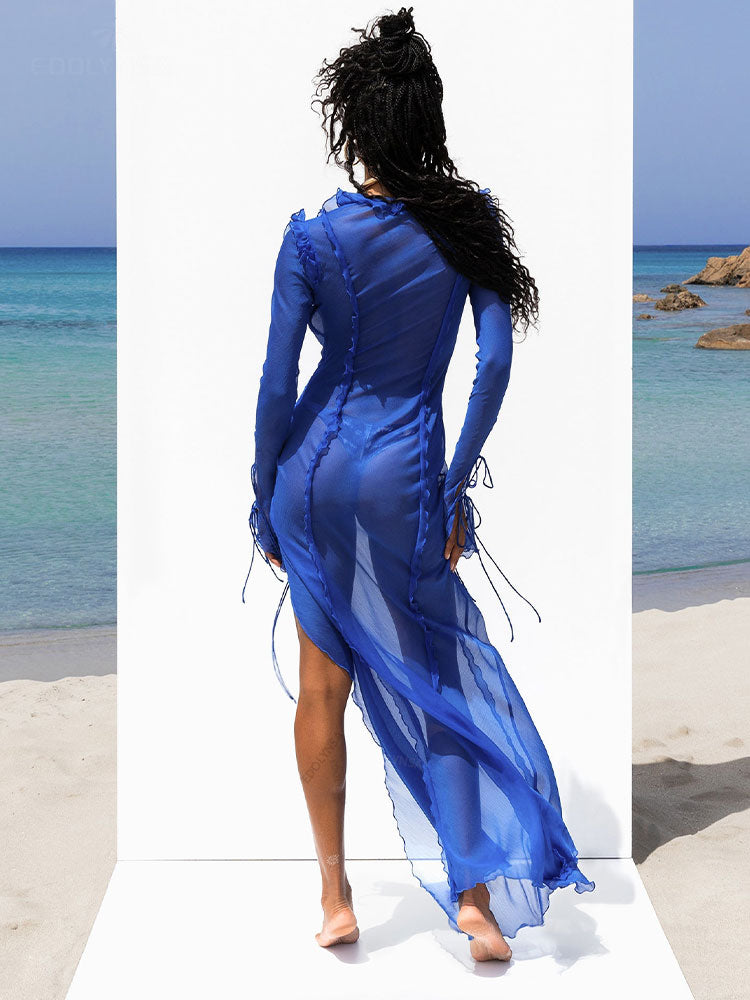 V-Neck Sheer Ruffled Drawstring Maxi Dress