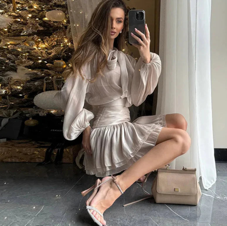 Lantern Sleeve Blouse Pleated Skirt Suit Mini Dress
