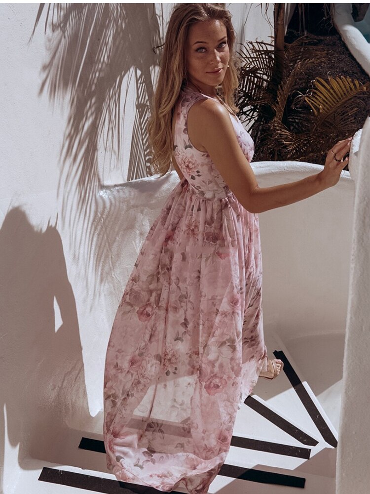 Chiffon Printed V-Neck Sleeveless Maxi Dress