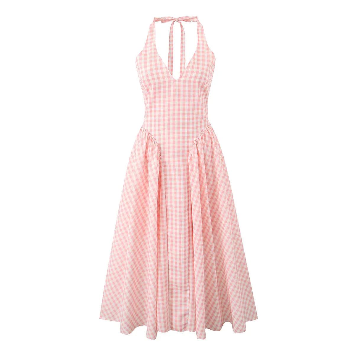 Pink White Plaid Bow Halter Midi Dress