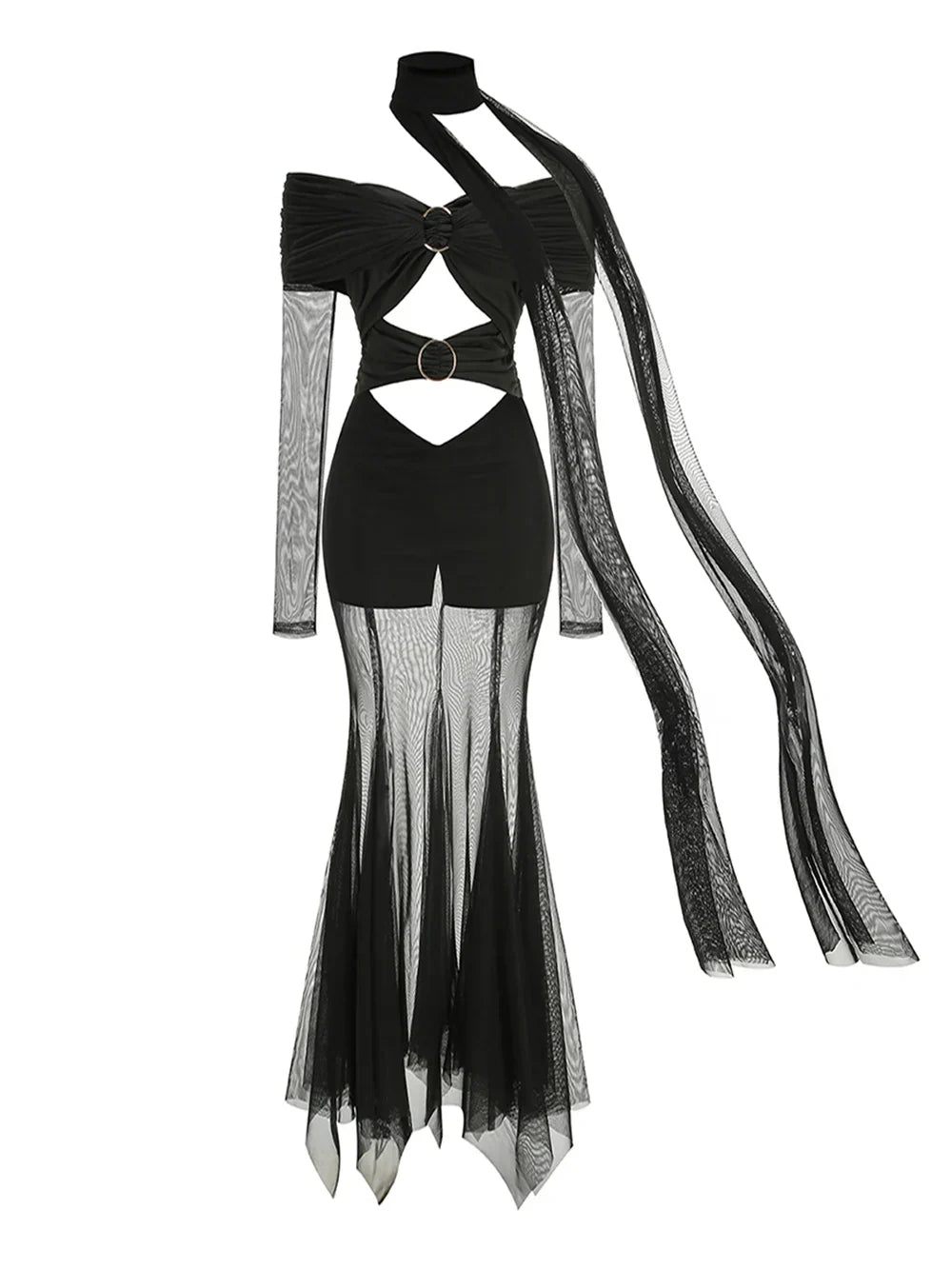 Off-Shoulder Mesh Folded Scarf Maxi Dress