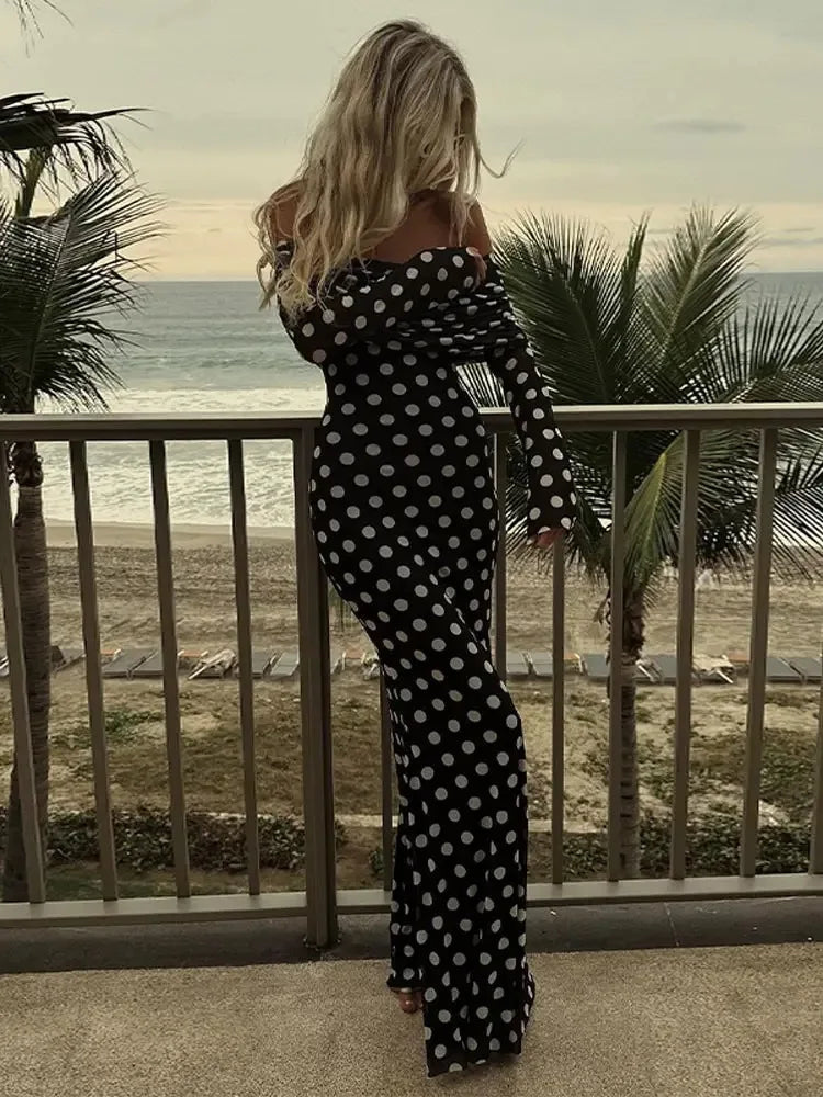 Polka Dots Off Shoulder Long Sleeve Maxi Dress