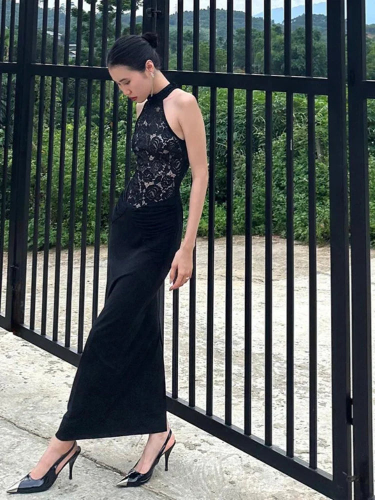 Halter Neck Lace Patchwork Black Strap Maxi Dress