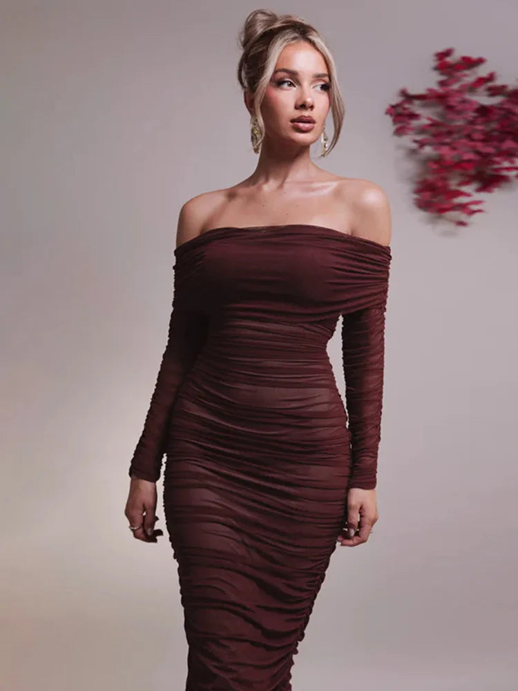Off Shoulder Slash Neck Solid Maxi Dress
