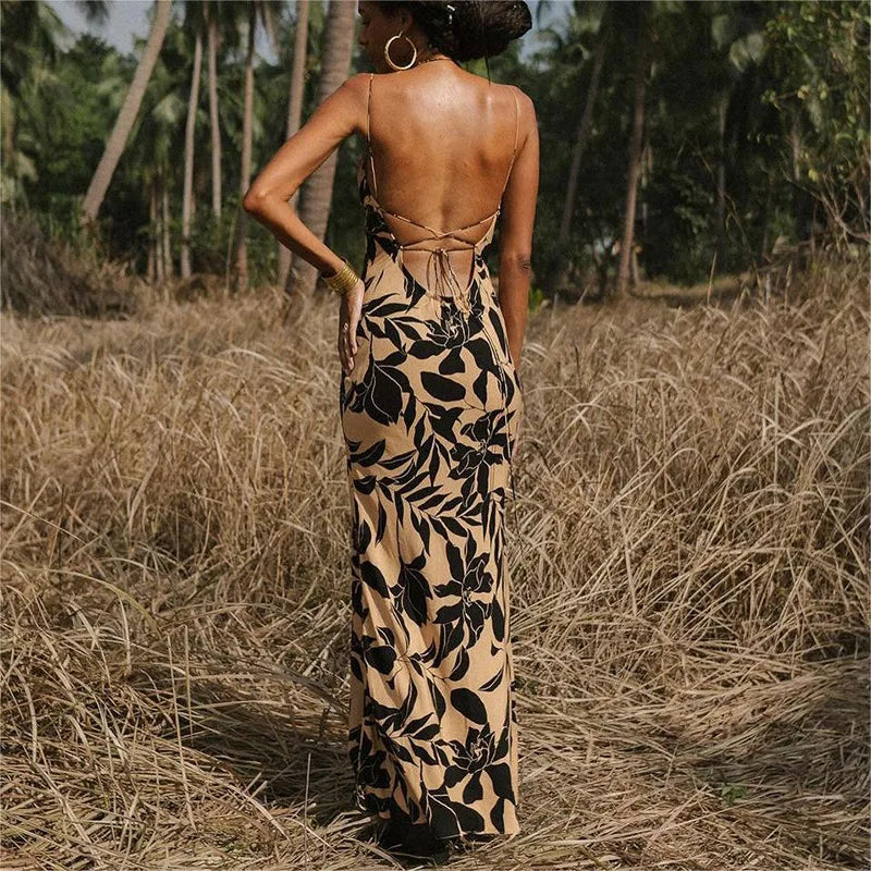 Leopard Print Bodycon Spaghetti Strap Backless Maxi Dress