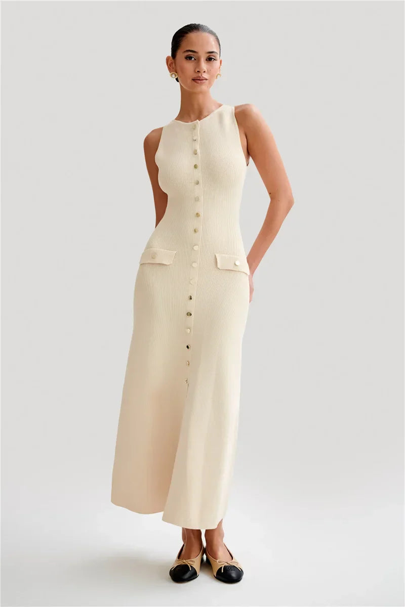 Knit Maxi Dress with Pockets Button Front