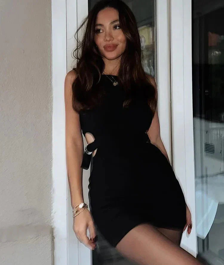 Hollow Waist Black Fitted Chic Mini Dress