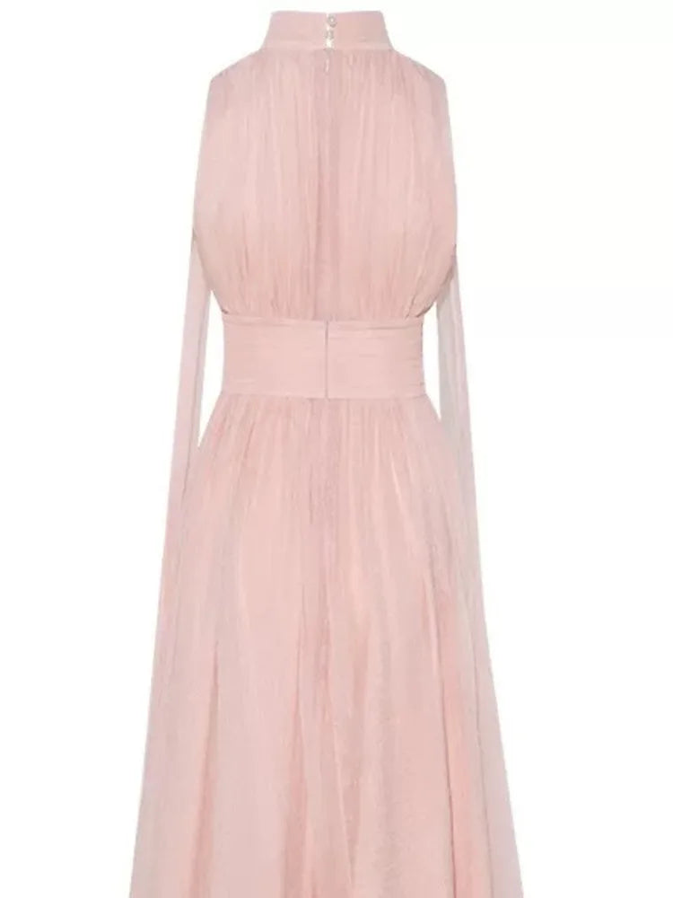 Ribbon Sleeveless Pleated Solid Long Party Dress