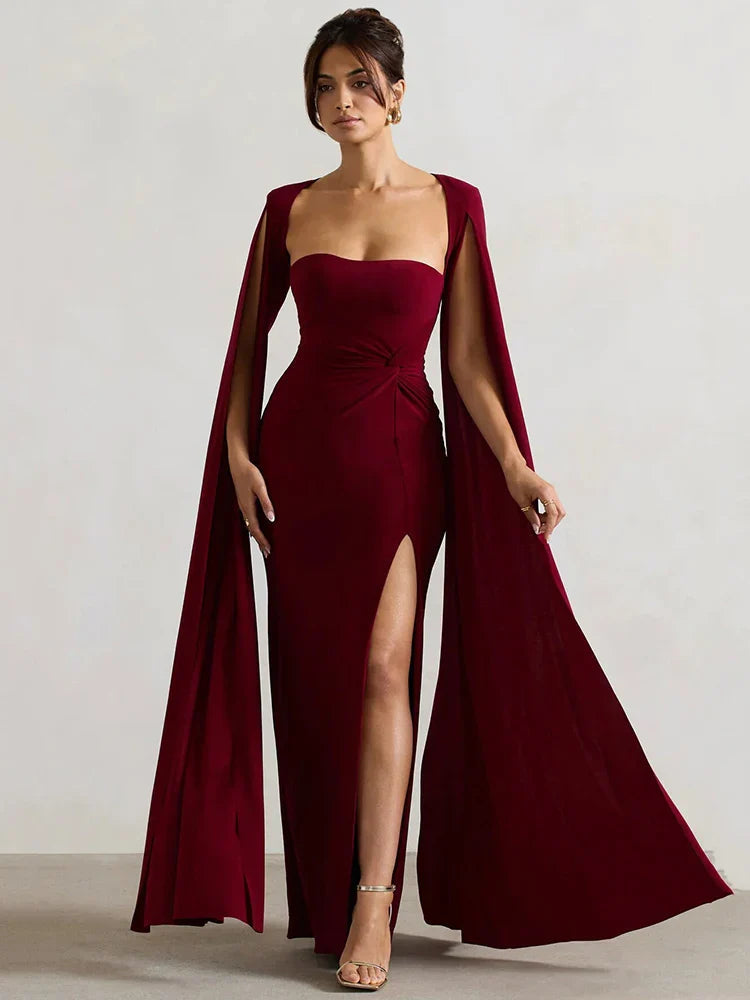 Cape Sleeve High Split Elegant Maxi Dress