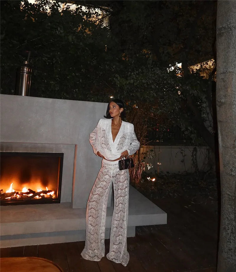 White Lace Two-Piece Loose Pants Party Dress