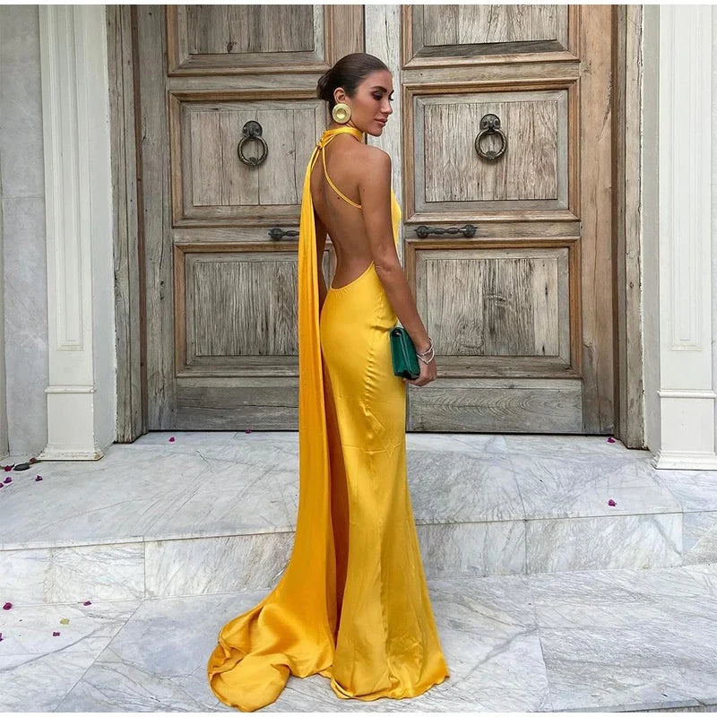 Yellow Satin Backless Lace-Up Off Shoulder Maxi Party Dress