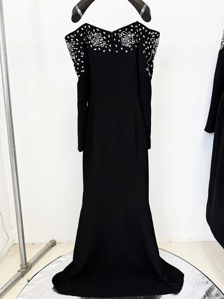 Diamond Beaded Slash Neck Off-Shoulder Maxi Dress