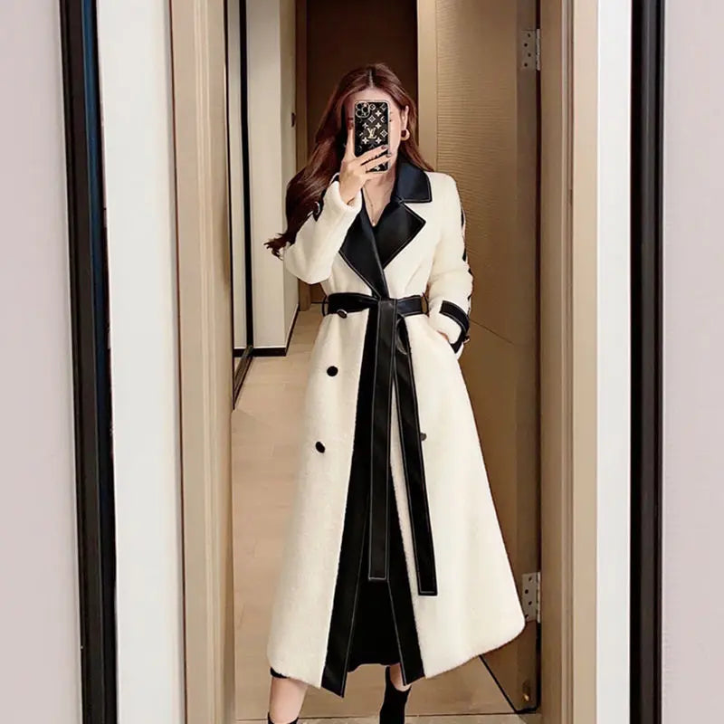 Contrast Patchwork Overcoat with Belt Party Dress