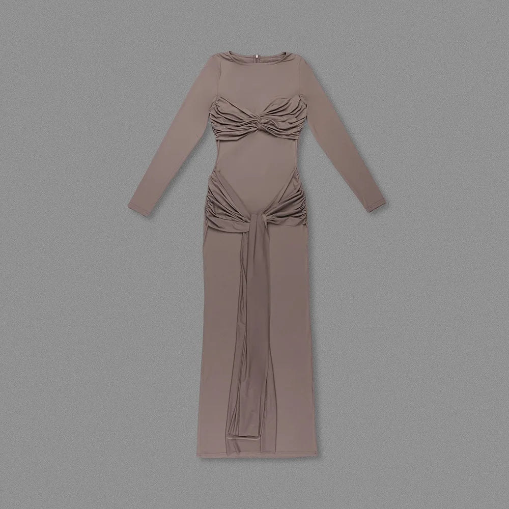 O-Neck Long Sleeve Robe Fashion Maxi Dress