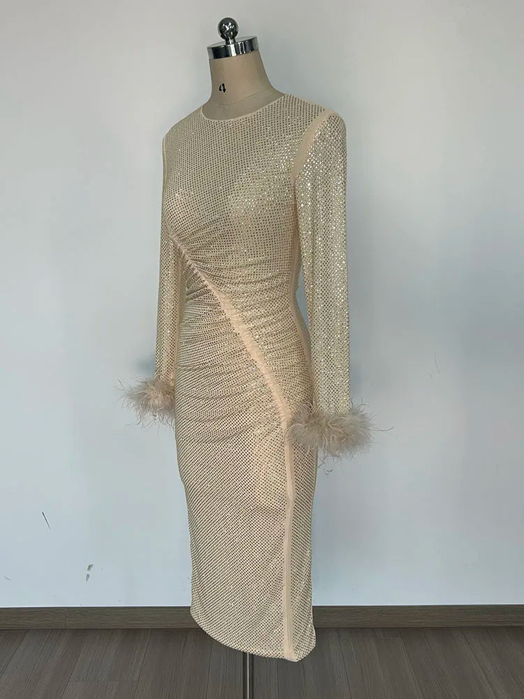 Feather Rhinestone Folded Midi Dress
