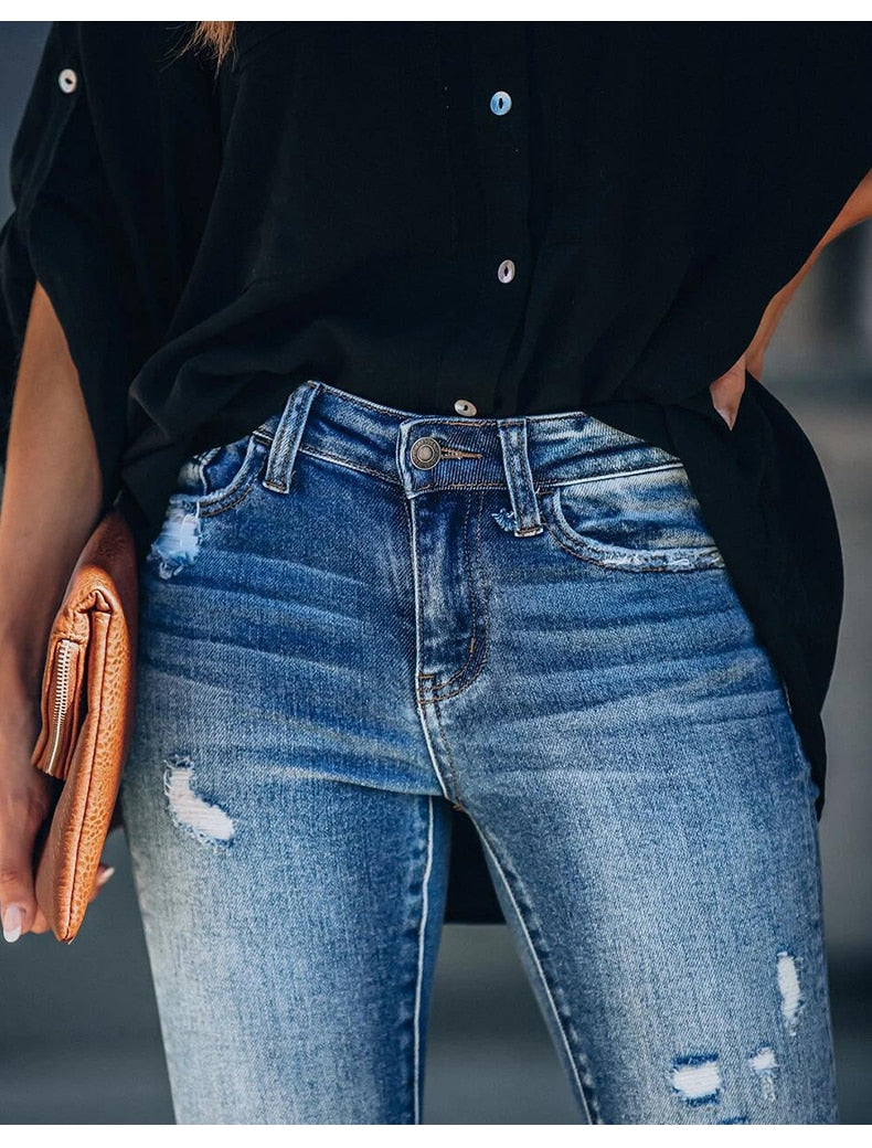 Blue Ripped High Waist Slim Denim Jean