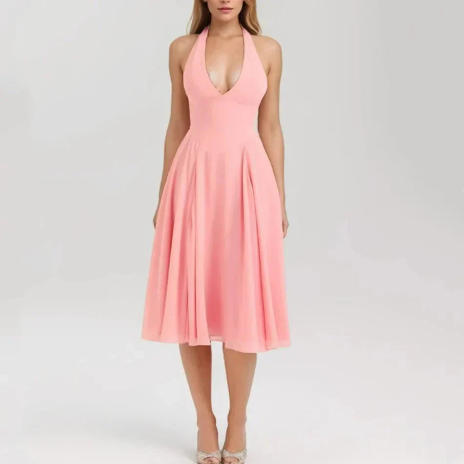 Pink Deep V Halter Sling Midi Dress