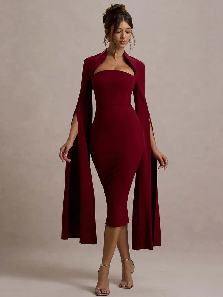 Cape Sleeve Square Neck Elegant Midi Dress