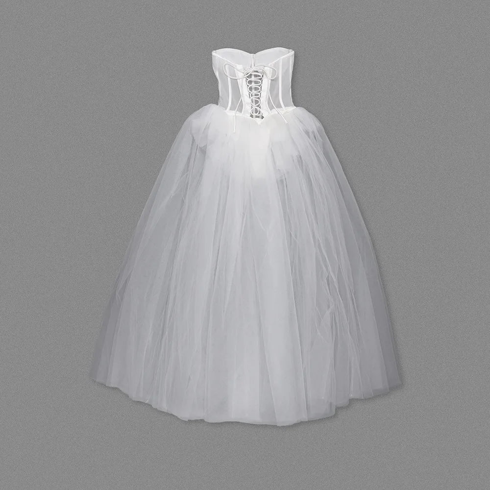 Strapless Mesh White A-Line Maxi Dress