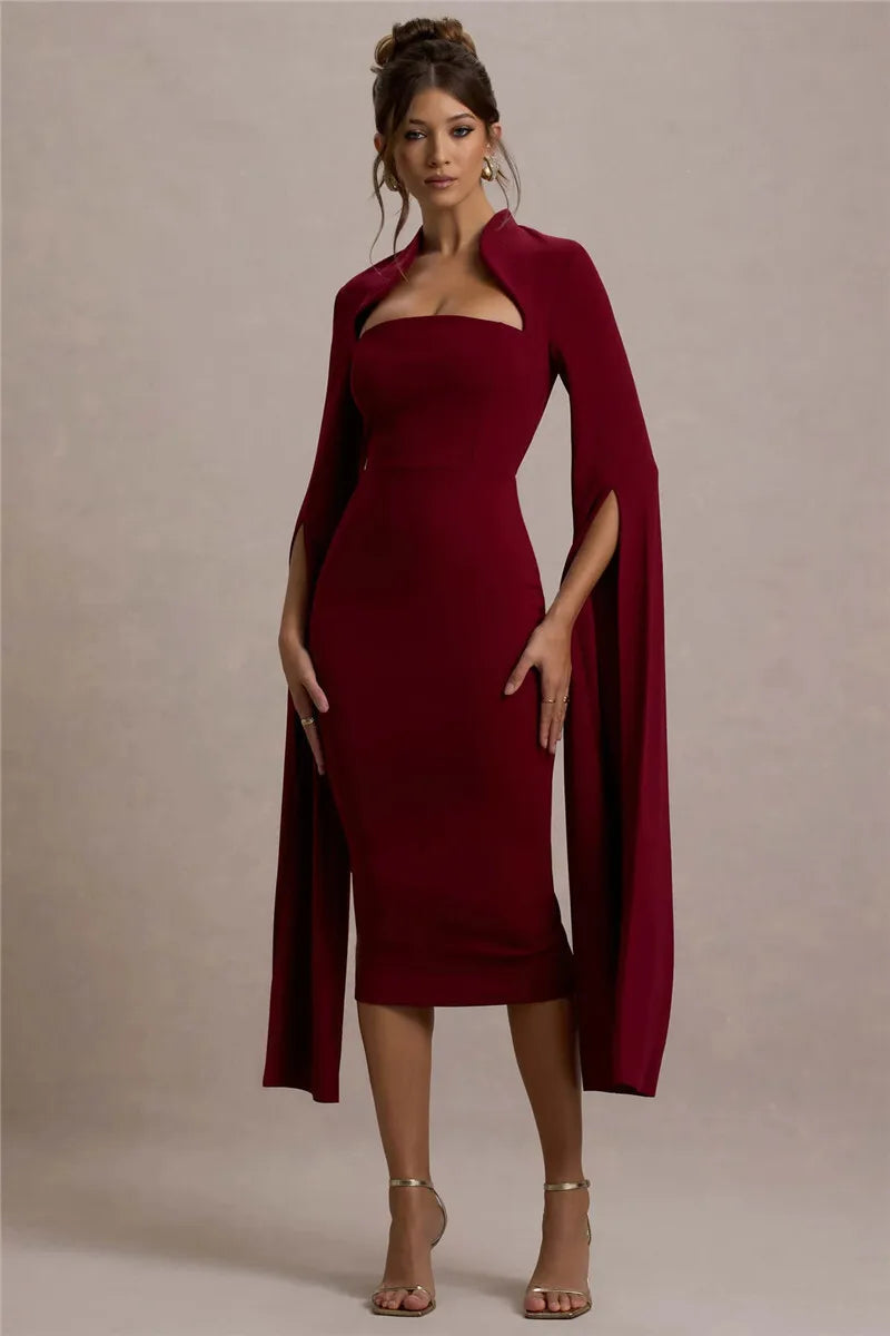 Cape Sleeve Square Neck Elegant Midi Dress